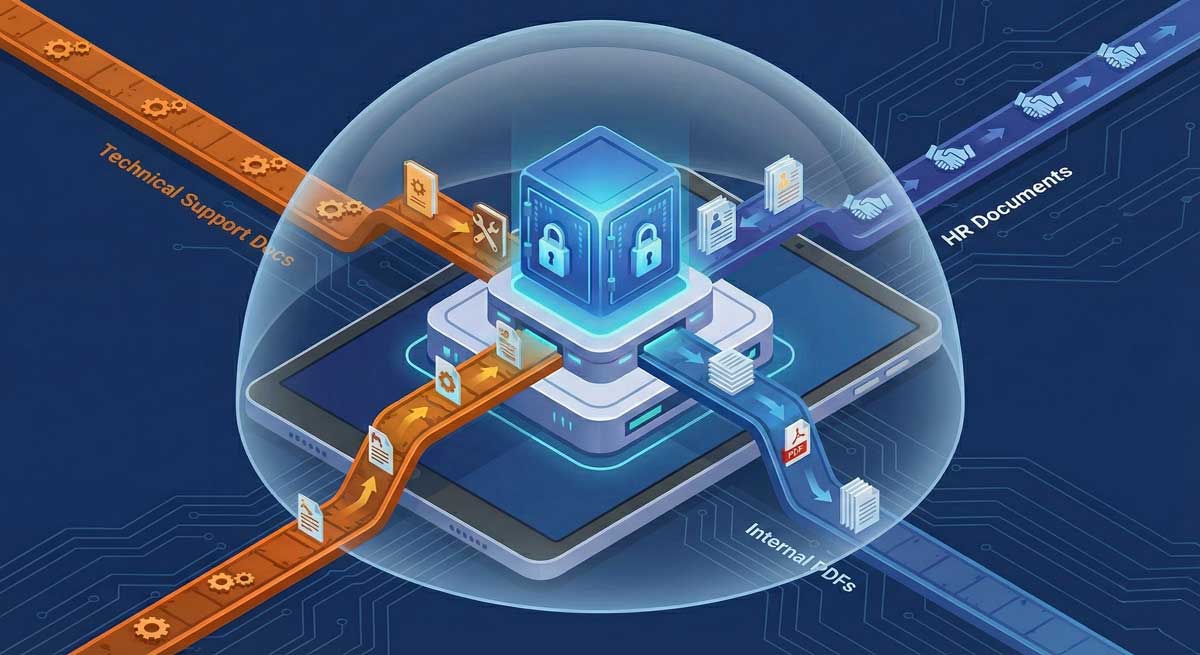 3D illustration of a secure digital document portal. Three separate data streams labeled 'Technical Support Docs', 'HR Documents', and 'Internal PDFs' flow into a central, locked digital vault protected by a glass dome on a tablet screen.
